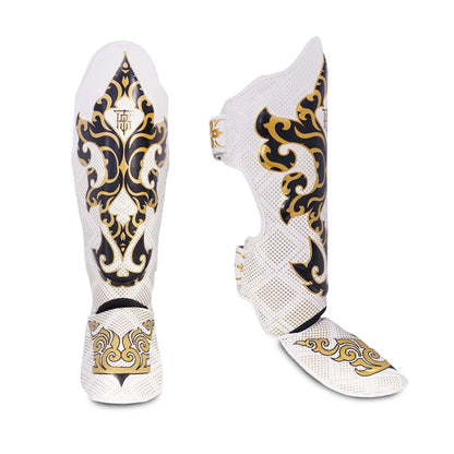 Muay Thai Top King shin guards: white and gold kanok pattern by Top King Boxing