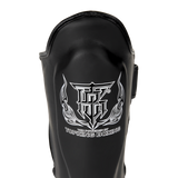 Black Top King Shin Guards from Top King Boxing. Muay Thai shin guards also used for MMA and Kickboxing.  