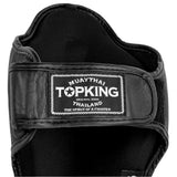 Rear view of Black Shin Guards made by Top King Boxing for Muay Thai, MMA and Kickboxing 