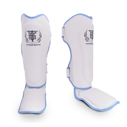 Muay Thai Top King shin guards in white and blue by Top King Boxing