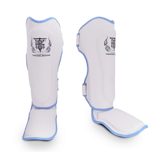 Muay Thai shin guards in white and blue