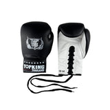 Top King Pro Competition Lace up gloves in Black and white back and top view
