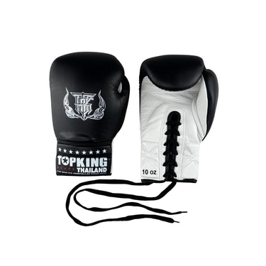 Top King Pro Competition Lace up gloves in Black and white back and top view