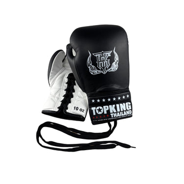 Top King Pro Competition Lace up gloves in Black and white top  and lace view