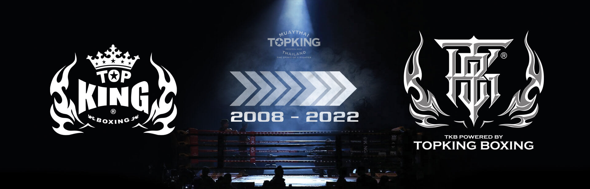 Top King Boxing old and new logo with a Muay Thai ring in the background